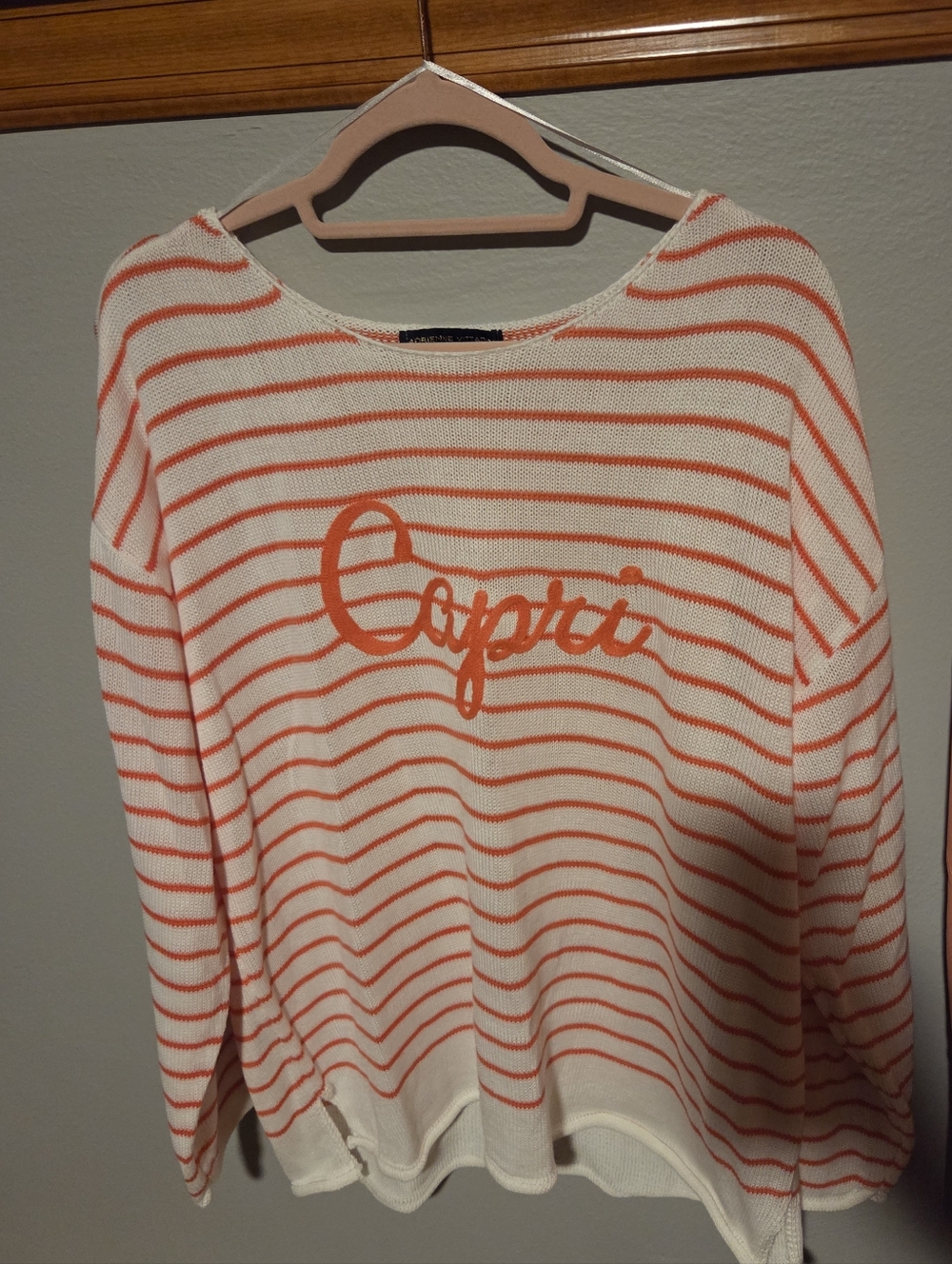 Adrienne Vittadini White & Coral Striped Scoop Neck Sweater